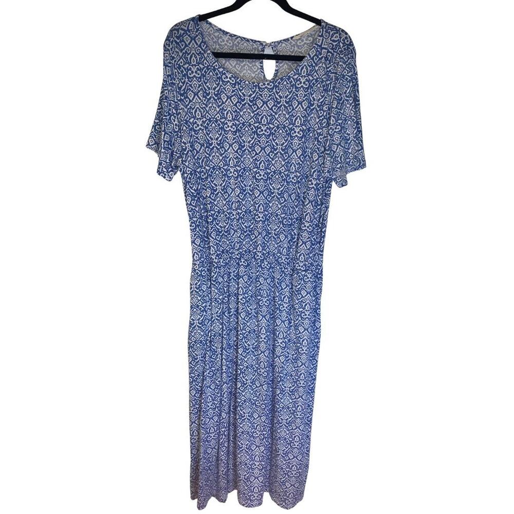 Woolovers Women's Boho Casual Midi Dress Size L Blue Jersey Beach Coastal Travel